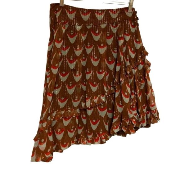 Anthro Twinkle Silk Brown Metallic floral Ruffle Asymmetrical Mini Skirt 4 S - Picture 1 of 8